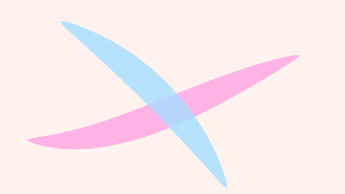 Two crossed brush strokes forming an X, one azure and one magenta, on a creamy ground.