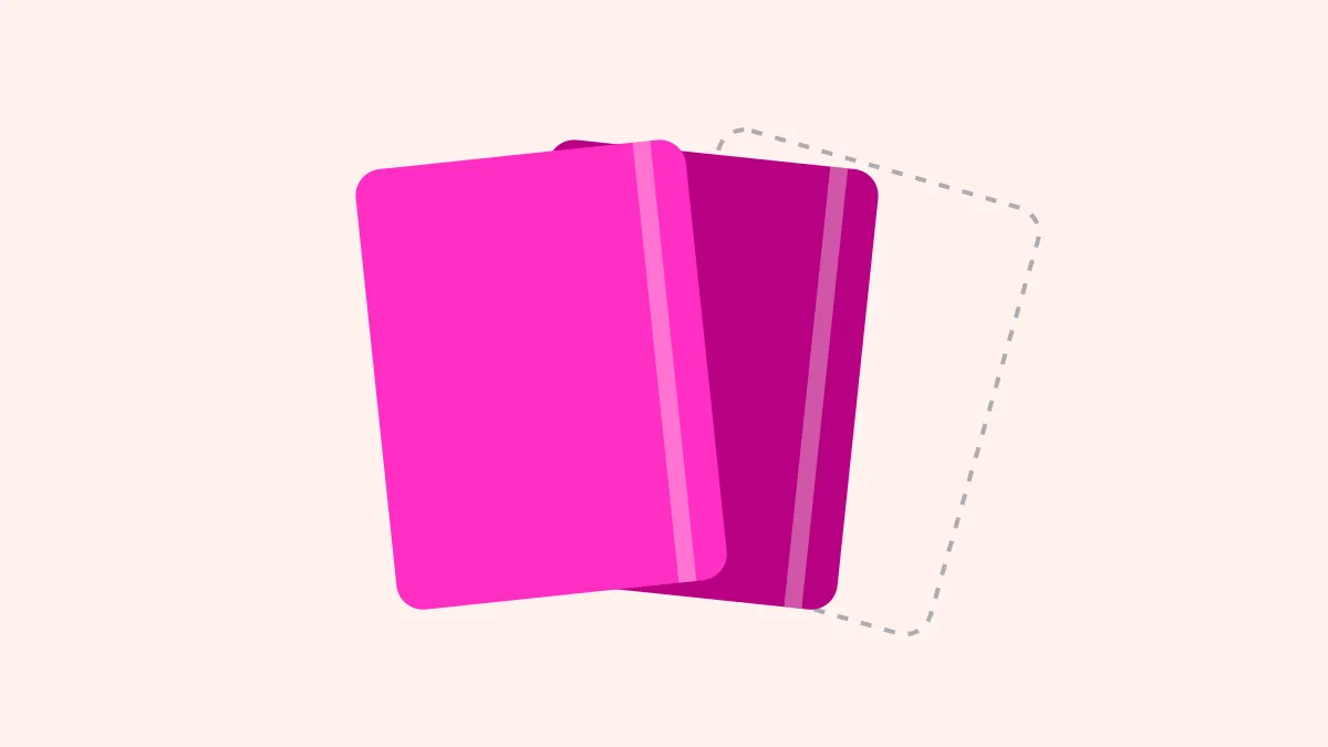 Two magenta notebooks with elastic bands, bright over dark, and a dashed outline of a third behind, on a creamy ground.