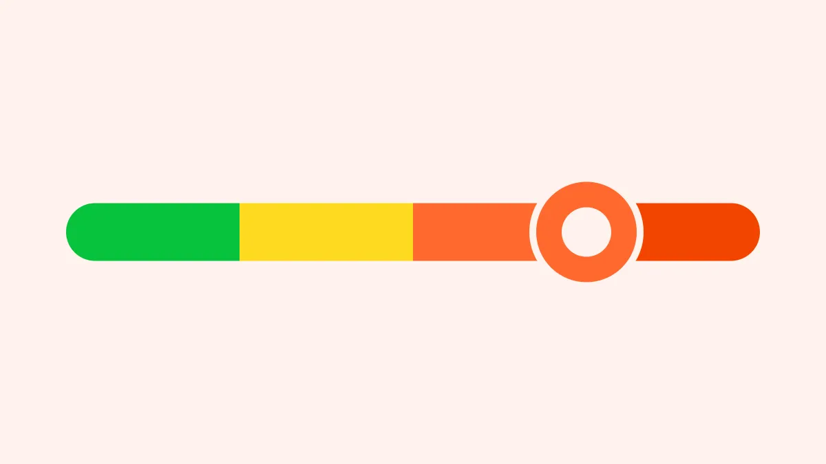 Horizontal air-quality bar running green, yellow, orange, red, with a ring marker sitting in the orange zone, on a creamy ground.