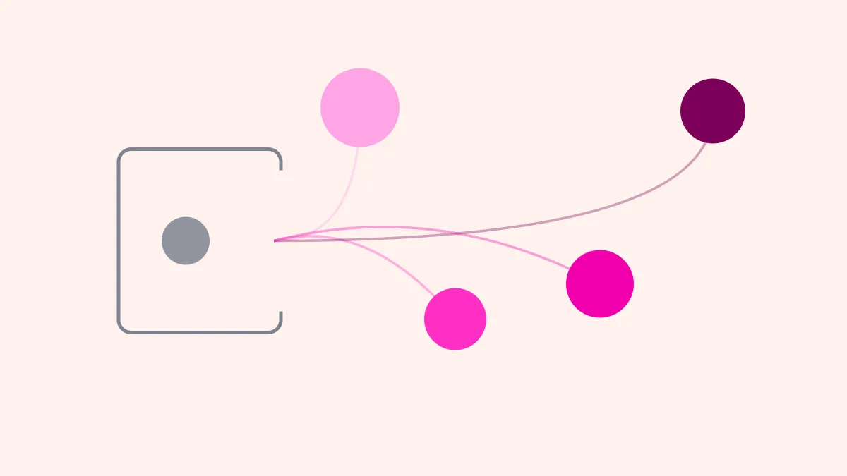 A grey dot inside an open grey box, and four magenta circles drifting out of it on thin curved stems, on a creamy ground.