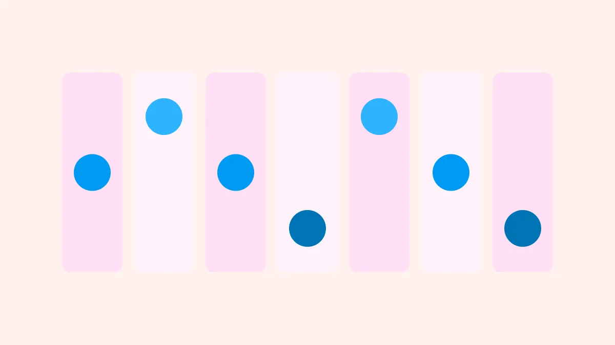 Seven vertical pink day bands, each holding one azure dot at a different height, on a creamy ground.