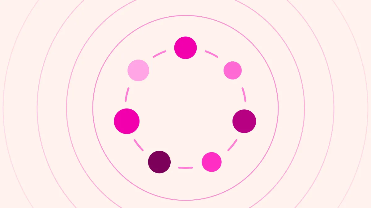 Ring of seven magenta circles in varied shades joined by a dashed loop, inside soft concentric ripples, on a creamy ground.