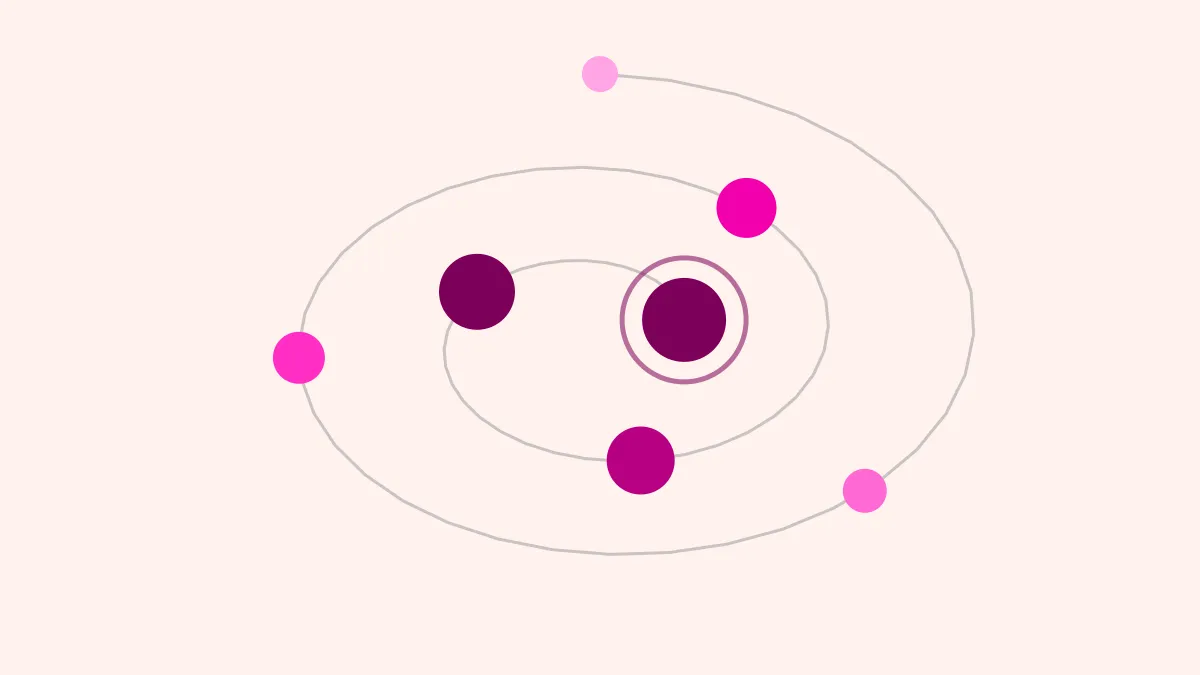Magenta dots on a grey spiral orbit, growing bigger and darker toward the ringed center, on a creamy ground.