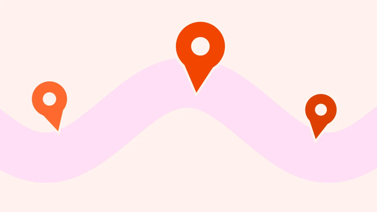Wavy pink road with three flame map pins standing at its bends, on a creamy ground.