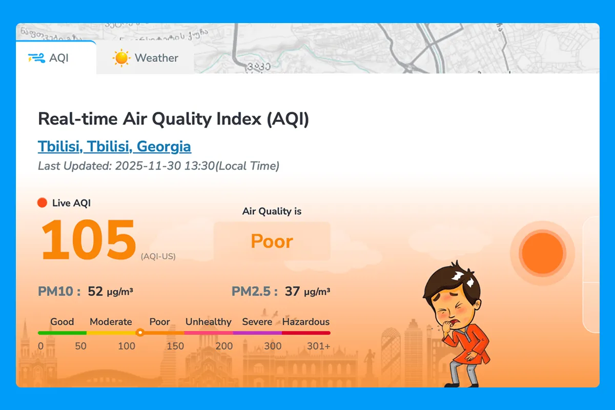 Screenshot of aqi.in website showing real-time air quality data for Tbilisi, Georgia, displaying AQI 105 (Poor), with PM10 and PM2.5 levels, weather information, and a map with air quality markers