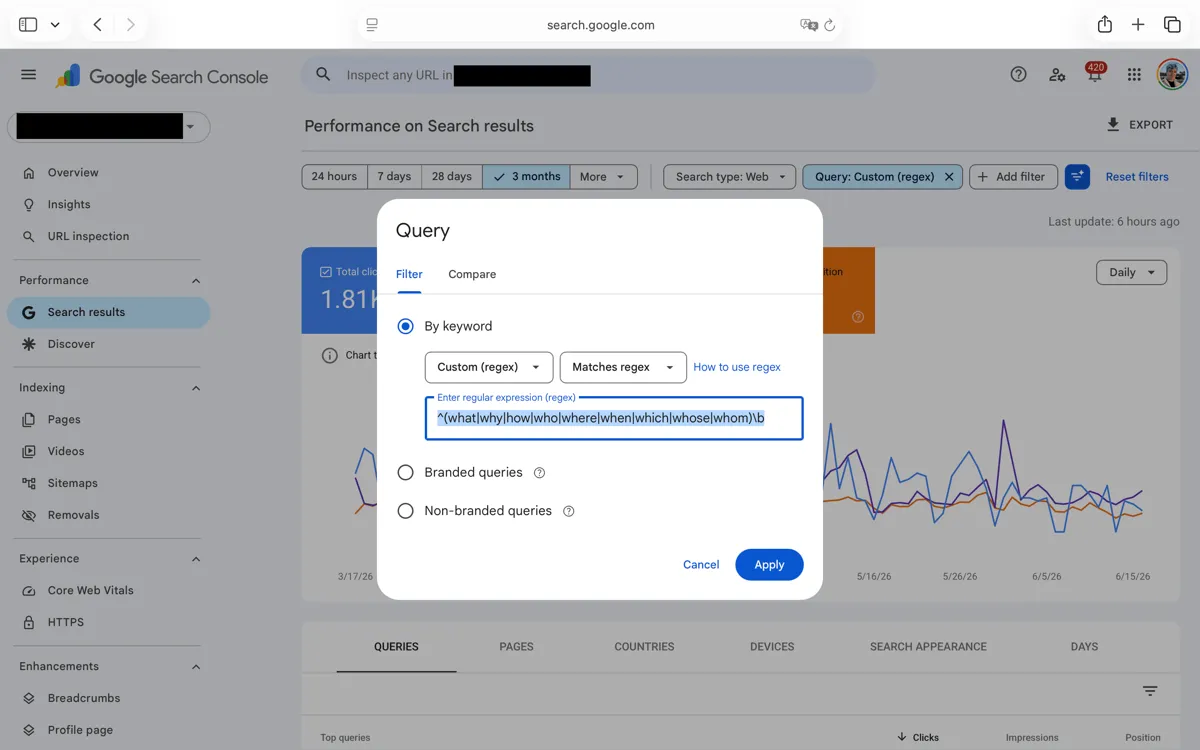 Google Search Console query filter dialog with a custom regex for interrogative questions entered in the field.