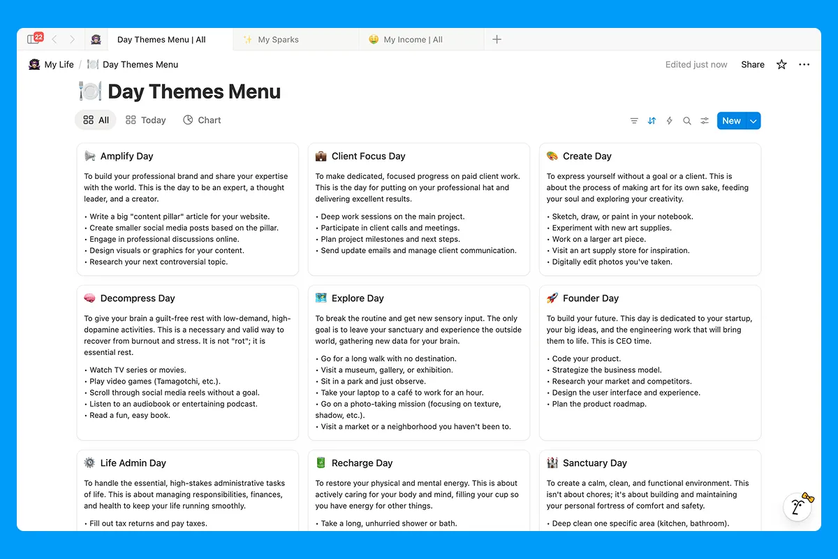 A screenshot of a Notion database showing different Day Themes like Recharge, Founder, and Create.