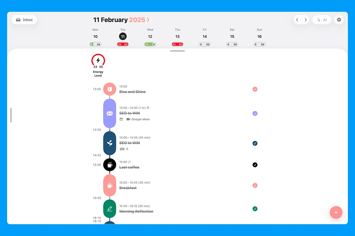 A screenshot of a daily schedule in the Structured app.