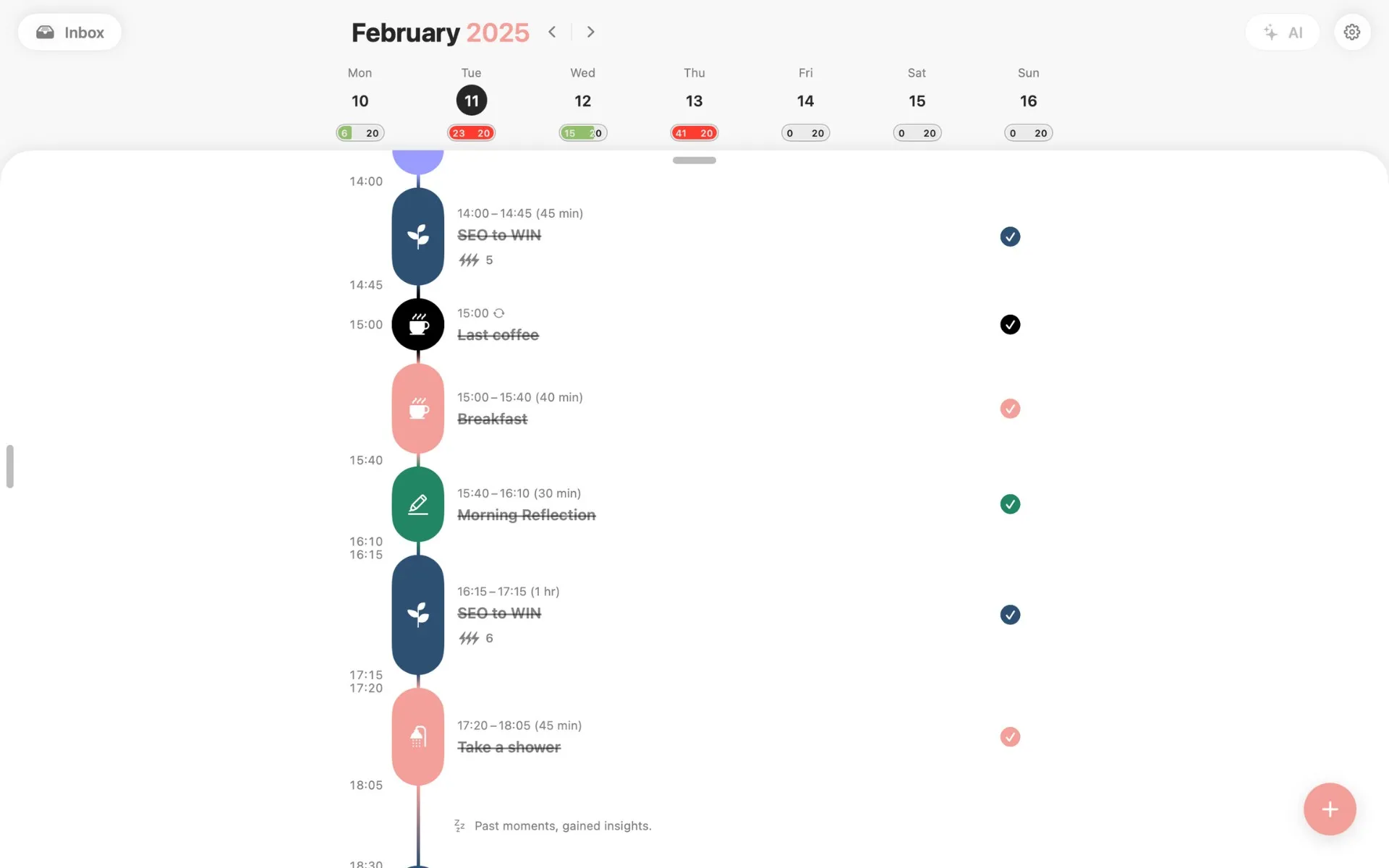 A screenshot of a daily schedule in the Structured app.