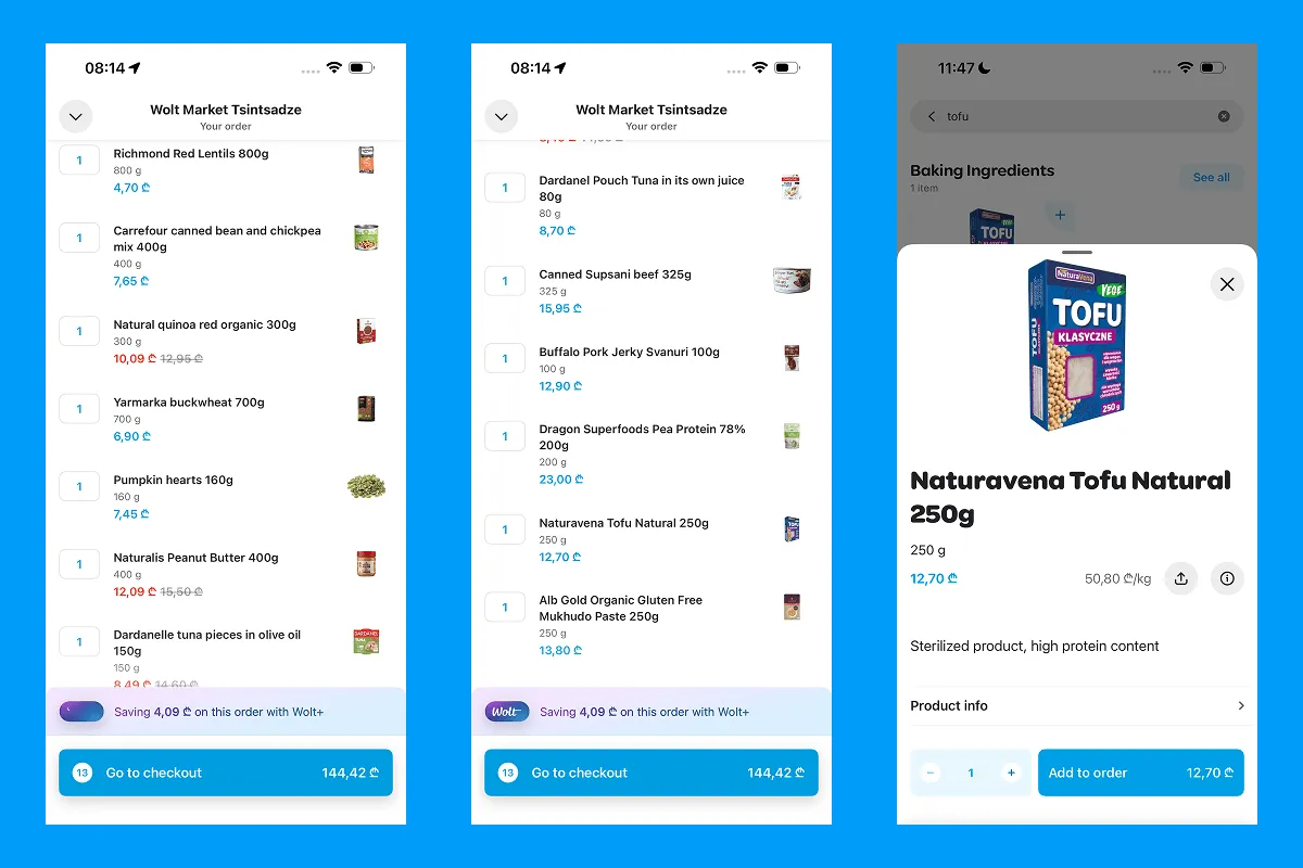 Screenshots of Wolt Market carts with first pantry items